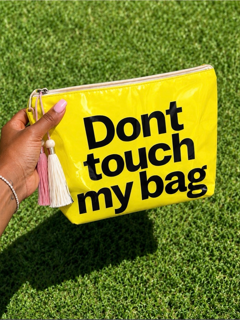 Yellow 'Don't Touch My Bag' Vinyl Pouch with Tassel